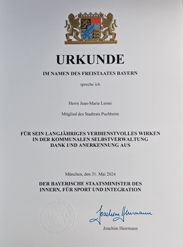 Kommunale Dankesurkunde für Jean-Marie Leone
